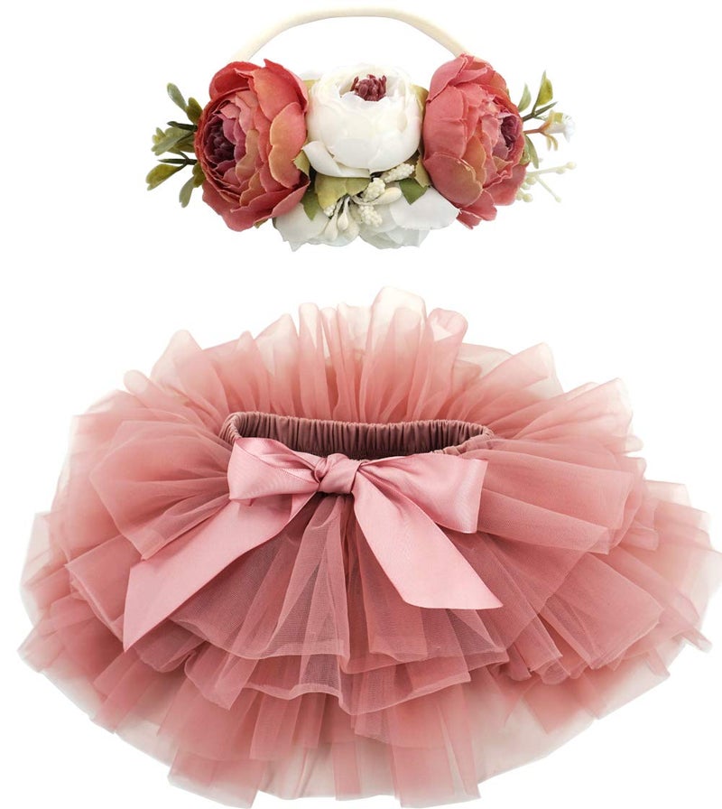 BGFKS Baby Girls Soft Fluffy Tutu Skirt with Diaper Cover,Toddler Girl Tutu Skirt Sets with Flower Headband Dusty Rose - Image 1